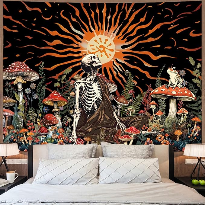 Amonercvita Skull Tapestry Vintage Mushroom Tapestries Aesthetic Sun Tapestry Floral Skeleton Wall Hanging Tapestries Jungle Plants Wall Decor for Bedroom