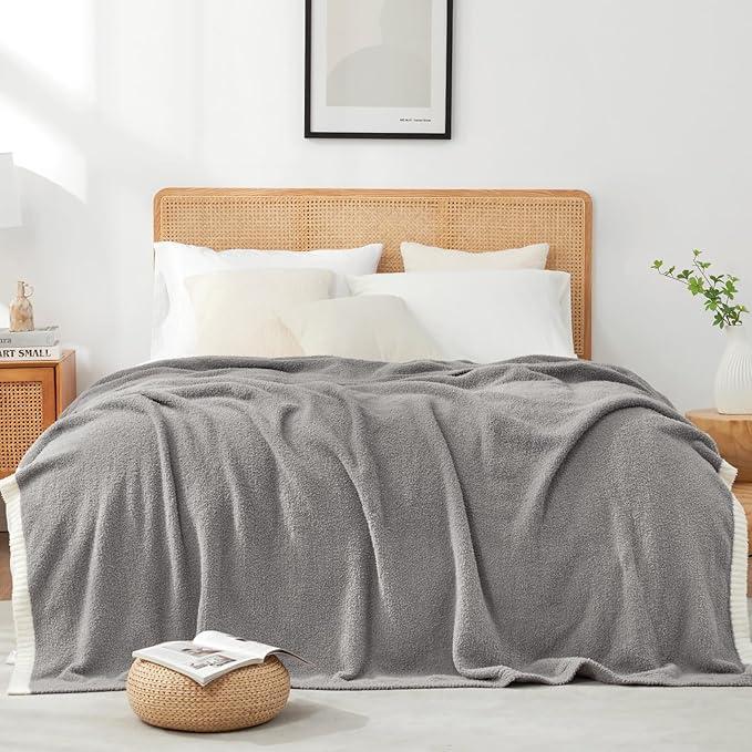 Snuggle Sac Grey Bedding Blankets Queen Size 90x90 inches, Reversible Microfiber Fluffy Fuzzy Soft Throw Cozy Knit Blanket for Women Mothers Birthday Gifts