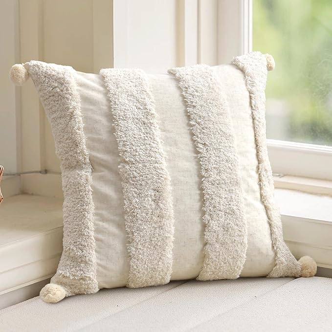 Boho Pillow Covers 18X18 Inch Boho Tufted Linen Throw Pillow Covers Decorative Pompoms Cushion Cover Farmhouse Pillow Case for Couch Sofa Bed Living Room Bedroom,Cream White