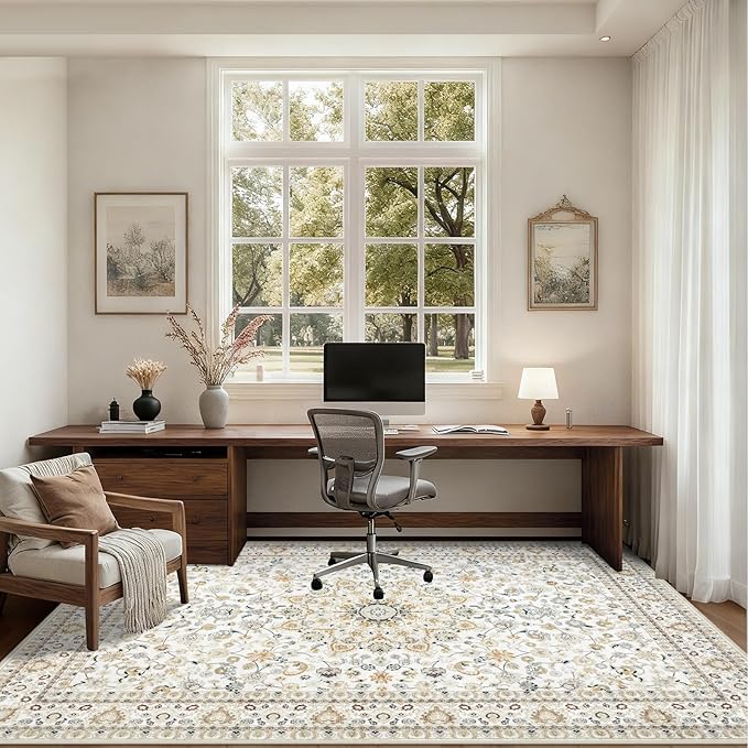 Area Rugs 9x12 Living Room Rug: Washable Rug Soft Vintage Boho Carpet Indoor Floor Non-Slip Stain Resistant Large Carpets for Bedroom Dining Room Farmhouse Nursery Home Office Beige