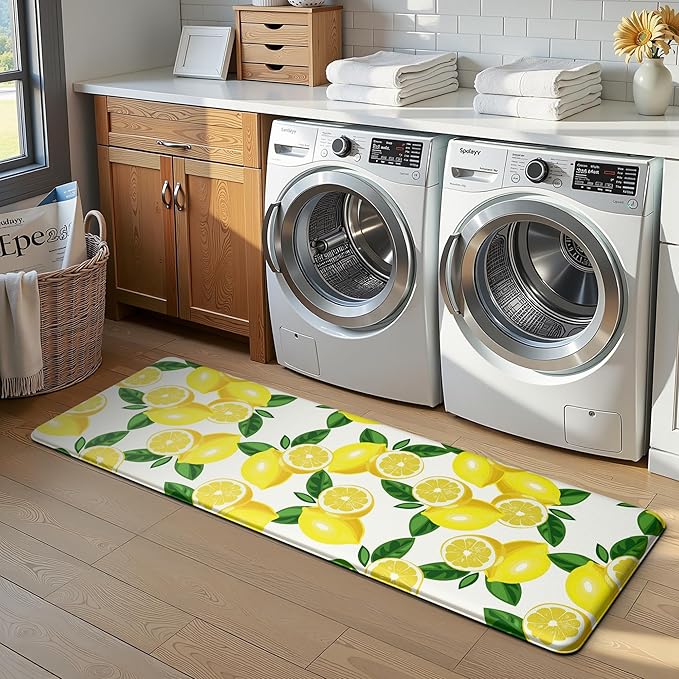 MAYHMYO Lemon Kitchen Mat Set of 2 - Anti Fatigue Mats for Kitchen Floor - Non Slip Cushioned Rugs for Standing - Lemon Decor (17.3"×29"+17.3"×47"-0.4") White