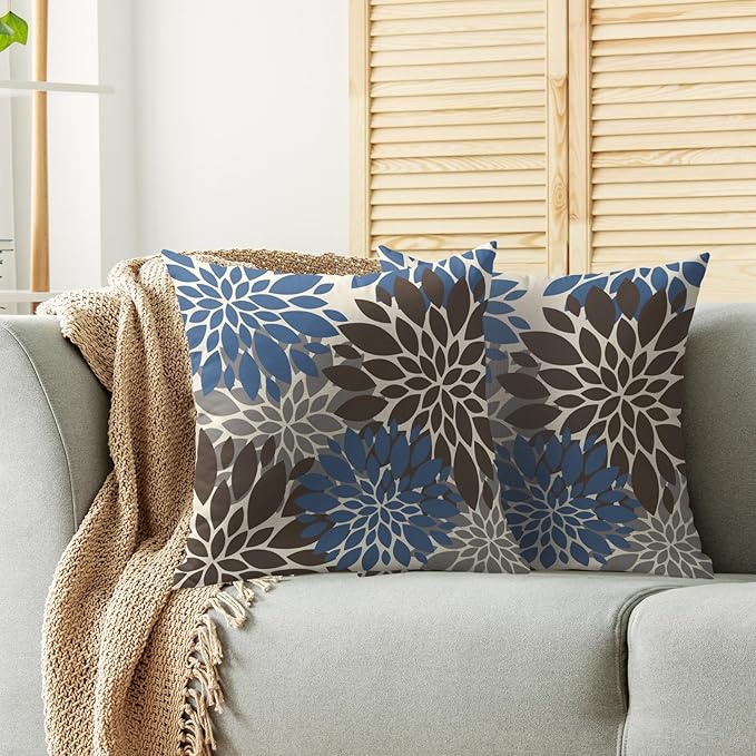 Dark Brown Blue Pillow Covers 20X20 Inch Set of 2, Spring Summer Floral Dahlia Flower Cream Decorative Throw Pillow Covers Outdoor Modern Farmhouse Cushion Case for Home Couch Sofa Bed Decor
