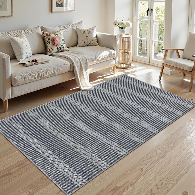 LIVEBOX Easy Jute Indoor Outdoor Rug 3x5 Front Porch, Washable Outdoor Rugs for Entryway, Gray Striped Geometric Rug for Living Room, Non Slip Carpet Door Mat for Front Door, Patio, Kitchen, Bedroom