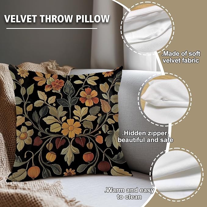 William Morris Abstract Vintage Print Floral Velvet Design Throw Pillow Covers Home Decor, Retro Art Decor Pillowcase Cushion Cover for Bed Sofa Living Room, Square 18x18inch (Black-Floral2)