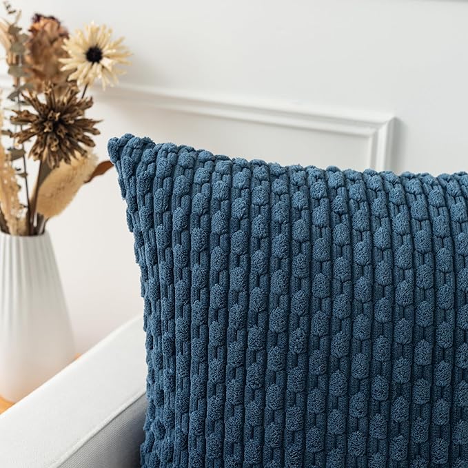 Kevin Textile 16x24 Inch Pillow Cover 1 Pack Boho Decorative Soft Striped Corduroy Lumbar Farmhouse Solid Color Accent Rectangle Cushion Case for Living Room Couch Sofa Bed, Blue
