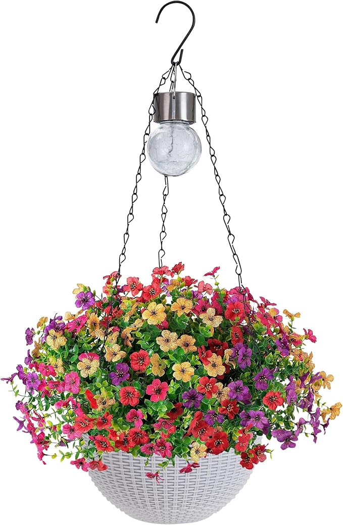 Artificial Faux Hanging Plants Flowers Basket for Spring Outdoor Outside Decorations, Fake Silk Daisy Look Real,Ferns in Planter UV Resistant Realistic for Front Door Yard Farmhouse Wedding Decor