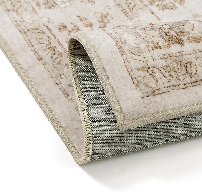 5x7 Beige Area Rug Washable Living Room Vintage Carpet Bedroom Distressed Non Slip Low Pile Thin Dining Room Office Medallion Accent Throw Rug