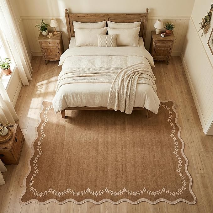 GarveeHome 5x7 Scalloped Area Rug Brown Washable Rugs for Living Room Bedroom, Soft Low Pile Non Slip Accent Floor Mat Solid Floral Print Throw Rug Farmhouse Indoor Carpet for Dorm Playroom