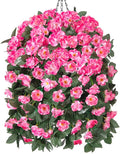 Fake Geraniums Artificial Hanging Flowers Basket for Outdoors, Spring Outdoor Hanging Plants Faux Silk Geraniums Vines in Planter UV Resistant Realistic for Outside Porch Yard Balcony Patio, Pink