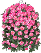 Fake Geraniums Artificial Hanging Flowers Basket for Outdoors, Spring Outdoor Hanging Plants Faux Silk Geraniums Vines in Planter UV Resistant Realistic for Outside Porch Yard Balcony Patio, Pink