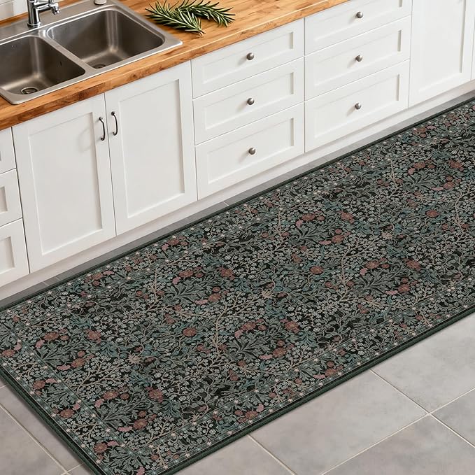 Washable 2' x 6' Runners for Hallways, Non Slip Long Floor Runner for Kitchen, Entryway Indoor, Stain Resistant Rubber Backing Floral Decor Rug (Dark Green)