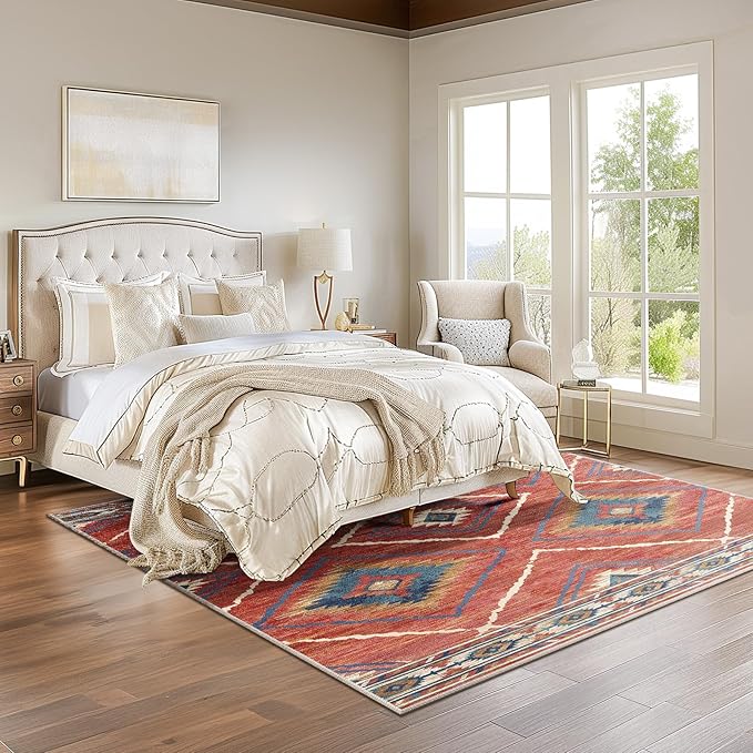 Area Rug 6x6 Rug Machine Washable Non-Slip Low Pile Print Pattern Western Rug for Living Room Bedroom Entryway Tribal Series -Red/Orange