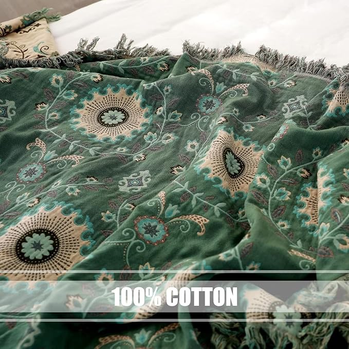 Boho Throw Blanket for Bed 100% Cotton Ultra Soft Rustic Quilt Spring Blanket Floral Printed Farmhouse Decor Bed Blankets,90"x98" All Season Rustic Throw for Sofa Couch Chair