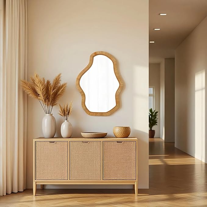 Asymmetrical Mirror 22 X 30 Inch, Hanging Boho Wavy Rattan Mirrors for Wall, Handmade Wicker Irregular Decorative Mirrors for Living Room Hallway Entryway Bedroom Bathroom