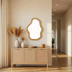 Asymmetrical Mirror 22 X 30 Inch, Hanging Boho Wavy Rattan Mirrors for Wall, Handmade Wicker Irregular Decorative Mirrors for Living Room Hallway Entryway Bedroom Bathroom