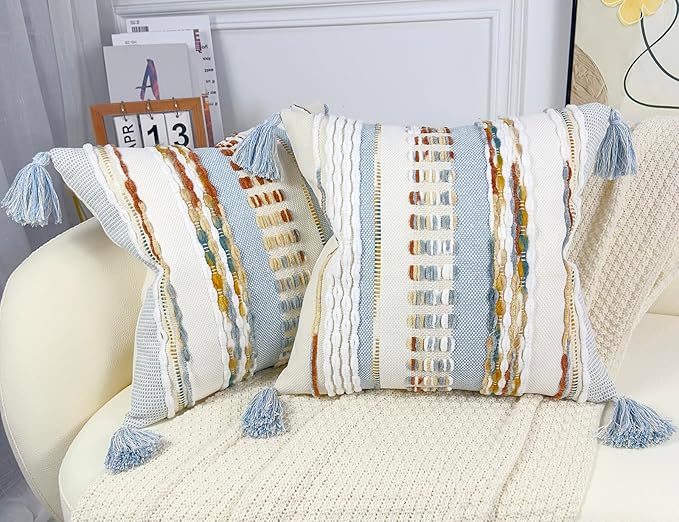 Boho Throw Pillow Covers 16x16 Aesthetic Neutral Boucle Couch Pillow Cover Rainbow Striped Decorative Accent Pillow Case for Couch Bed Sofa Farmhouse Bedroom,Modern Funky,Set of 2 Light Blue