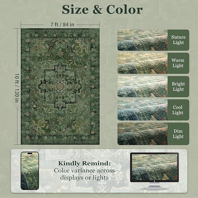 Dark Green 7x10 Living Room Rug, Vintafe Distressed Medallion Area Rug for Bedroom Dining Room, Washable Non Slip Thin Carpet Rugs for Bedroom Under Bed Home Office