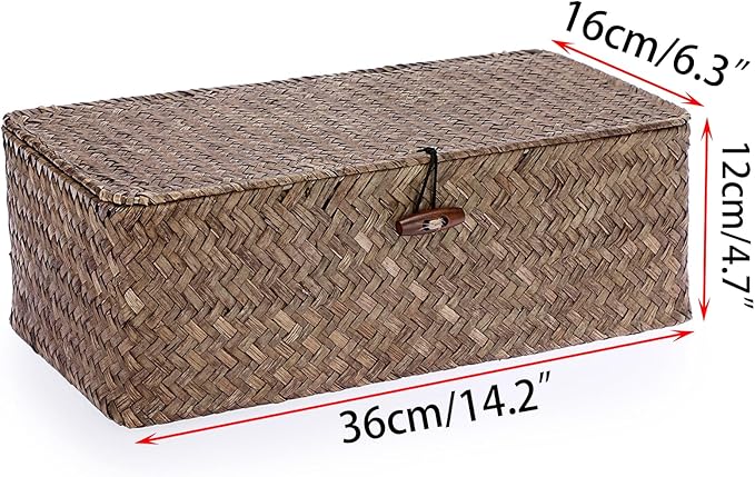 Sumnacon Seagrass Storage Basket with Lid Wicker Storage Baskets with Sections,Small Woven Shelf Basket for Toiletries Tampon, Seagrass Basket for Shelf Bathroom Toilet Table Counter,Coffee