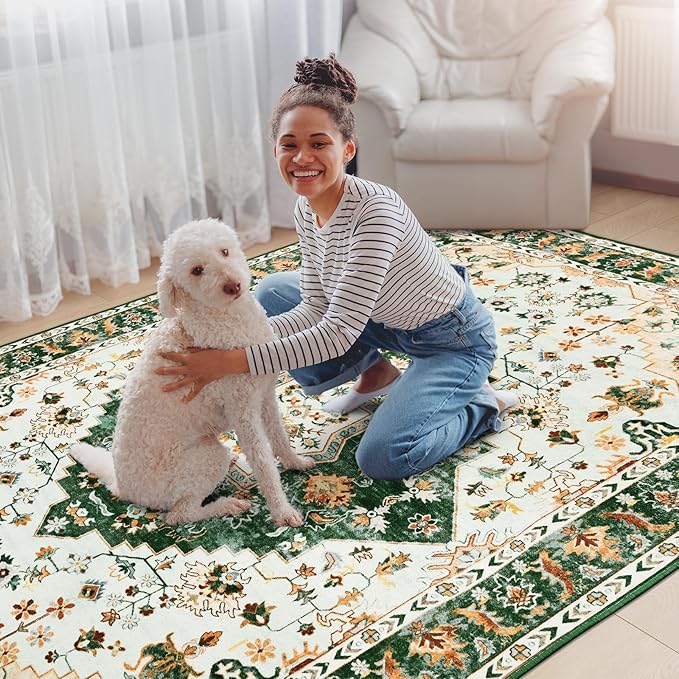 Amearea Vintage Design Area Rugs for Living Room, 5x8 Machine Washable Floral Collection Traditional Bedroom Rug, Low Pile Cute Kids Room Print Carpet, No Slip Office Kitchen Home Decor, Green