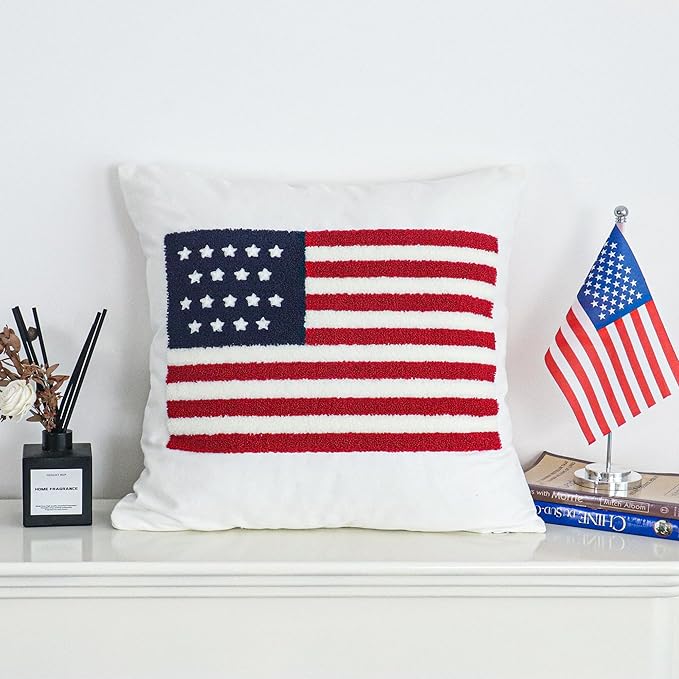 Jonhier 4th of July Throw Pillow Cover, Independence Day Patriotic Throw Pillow Case Tufted American Flag Pattern, Textured Cushion Cases Memorial Day Flag Day Decor for Sofa Bed (White, 18” x 18”)