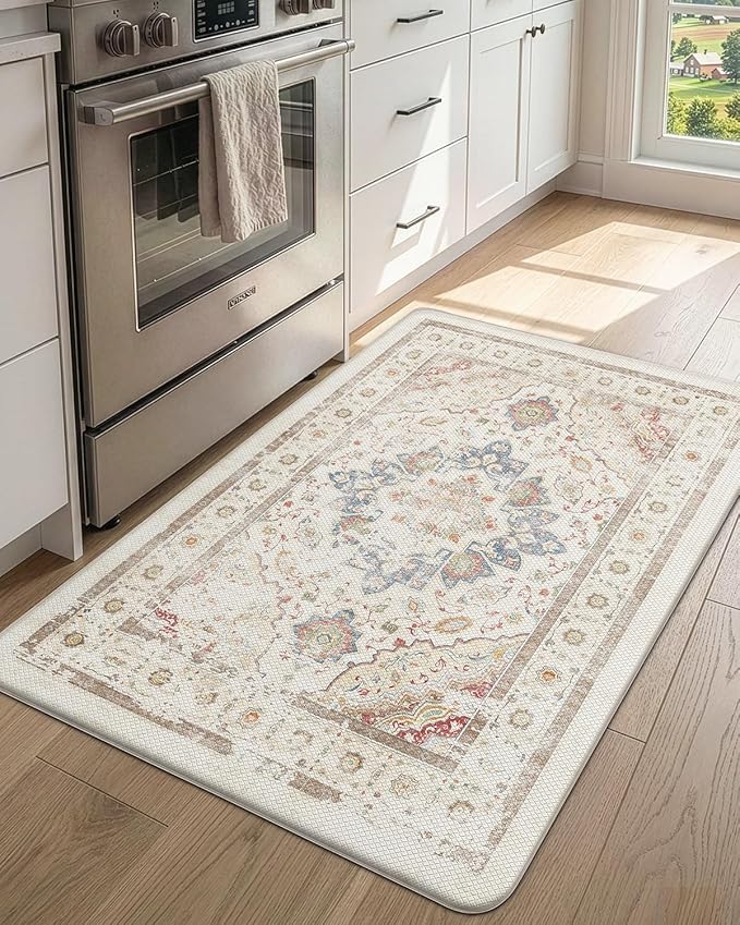 DEXI Kitchen Mats for Floor Cushioned, 23x35 Wide Runner Rug Non Slip, Waterproof Soft Comfort Standing Padded Anti Fatigue Decorative, Light Beige