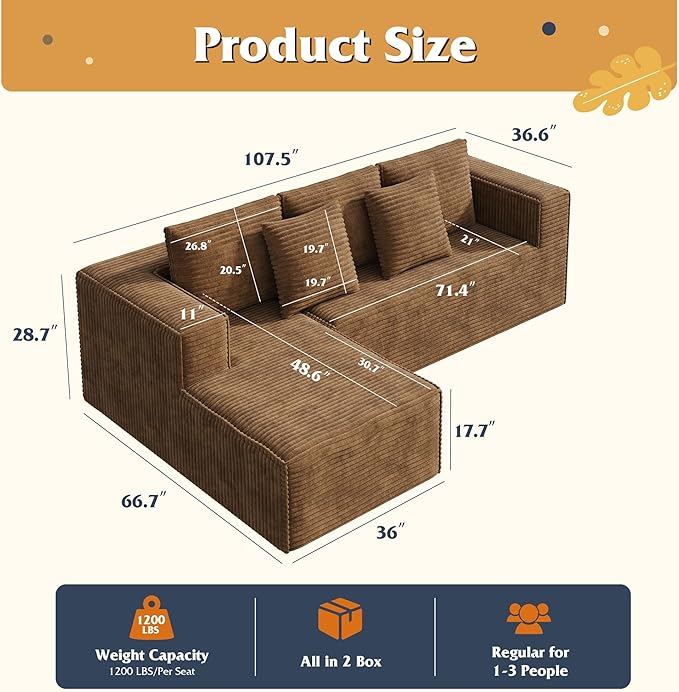 WLIVE 108'' Cloud Sectional Couches for Living Room, Modular Boneless Couch with Right Facing Chaise, L Shape Memory Foam Corduroy, with Cushion, Brown