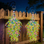 Solar Artificial Flowers Hanging Basket: UV-Resistant Fake Plants Hanging Basket with RGB String Lights for Outdoor Planters - 2 Pack Cone Faux Silk Fowers Basket for Porch Patio Home Garden Decor