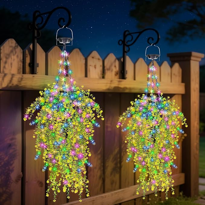 Solar Artificial Flowers Hanging Basket: UV-Resistant Fake Plants Hanging Basket with RGB String Lights for Outdoor Planters - 2 Pack Cone Faux Silk Fowers Basket for Porch Patio Home Garden Decor