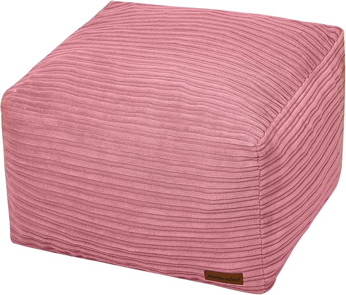 MeMoreCool Square Stuffed Pouf Ottoman Foot Rest, Stripe Furry Floor Pouf Foot Stool with Foam Chunk Filling, Soft Fluffy Stuffed Ottoman Footrest for Living Room, Corduroy Pink
