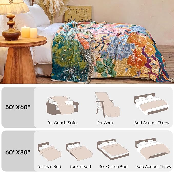 Boho Floral Throw Blanket 60"x80" 100% Cotton Twin Size Bed Blanket with Tassels,Reversible Soft Breathable Lightweight Decorative Flower Blankets for Couch Sofa Farmhouse Decor All Season