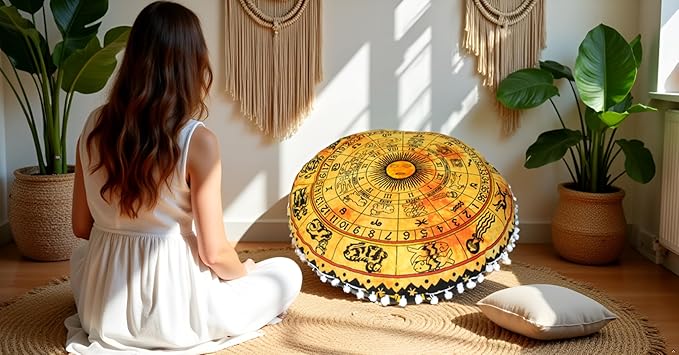 CRAFT KALA Boho Large Floor Pillow Pouf Cover Mandala Meditation Room Pillow Cover for Adults Round Bohemian Seating Pouf Cushion Cover for Kids Playroom 22" Yellow Zodiac