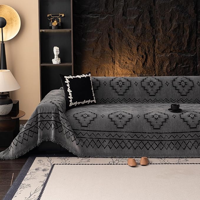VClife Bohemian Couch Cover for Sofa Pet Washable Sofa Cover Non Slip Extra Large Couch Covers for 3-4 Cushion Couch Sofa, Boho Style Dark Gray Tribal Pattern Sofa Slipcover 71"X150"