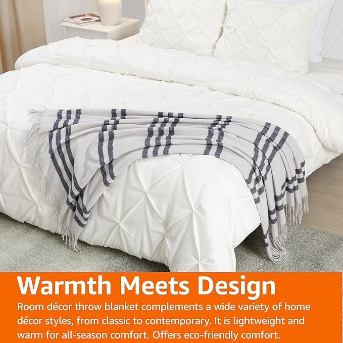 Amazon Basics Room Décor Throw Blanket, Lightweight and Cozy, Recycled Polyester, 50" x 60", Light Grey With Blue Stripes