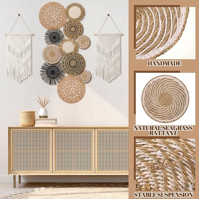 Tatuo 11 Pcs Boho Wall Basket Decor Decorative Bulrush Woven Basket Wall Decor Art Round Farmhouse Hanging Baskets for Kitchen Rustic Home Summer Decorations, Multi Sizes(Flower)