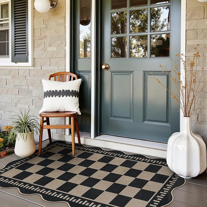 Checkered Easy Jute 3x5 Outdoor Patio Rug, Washable Rugs for Entryway Indoor Outdoor Area Rug Black Kitchen Rugs, Non-Slip Farmhouse Neutral Rug for Balcony Backyard