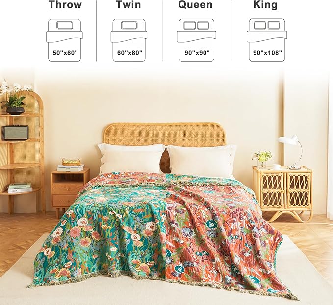 Cotton Boho Blanket Queen Size Soft Spring Lightweight Bed Quilt Floral Embroidery Blanket for Bedroom Living Room Home Decor Reversible Blankets 90"x90"