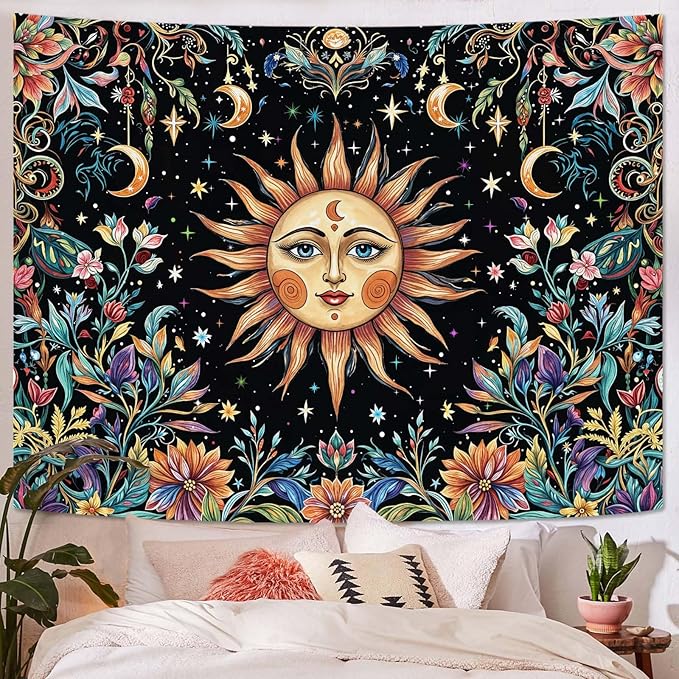 Aipon Sun and Moon Tapestry Hippie Boho Floral Wall Tapestry for Bedroom Aesthetic Colorful Flowers Vintage Celestial Botanical Plant Small Tapestries Wall Hanging for Living Room Dorm 60 x 44 Inch