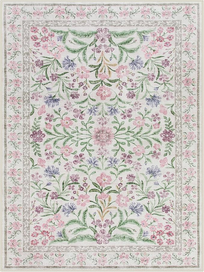 Lahome Sylvie Purple Floral 9x12 Area Rug, Machine Washable Low Pile Nursery Girls Rug, Non-Slip Thin Carpet for Playroom Kids, Soft Boho Mat for Women Bedroom Decor