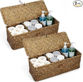 2 PCS Seagrass Storage Basket with Lid, Boho Small Woven Shelf Basket Rectangular Toilet Roll Bin 3-Section Divided Organizer for Snack Tampon Bathroom Closets Pantry Coffee Table Counter