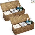 2 PCS Seagrass Storage Basket with Lid, Boho Small Woven Shelf Basket Rectangular Toilet Roll Bin 3-Section Divided Organizer for Snack Tampon Bathroom Closets Pantry Coffee Table Counter