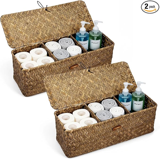2 PCS Seagrass Storage Basket with Lid, Boho Small Woven Shelf Basket Rectangular Toilet Roll Bin 3-Section Divided Organizer for Snack Tampon Bathroom Closets Pantry Coffee Table Counter