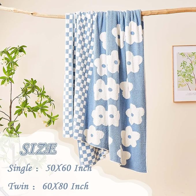 Checkered Throw Blanket, Dusty Blue Super Soft Knit Breathable Throw Blanket, Cozy Fluffy Reversible Checkerboard Flower Fuzzy Blanket for Couch Sofa Bed Living Room Decor 50 x 60 inch