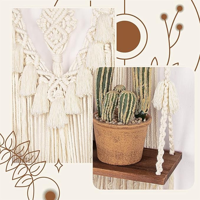 ANROYE 2 Tier Macrame Boho Wall Hanging Shelf, Handmade Bohemian Wooden Woven Plant Floating Shelves Decor, Decorative Chic Organizer for Bathroom Women Bedroom Girl Nursery Storage