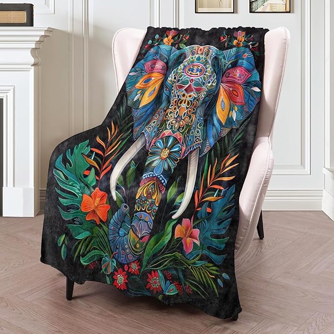 Tribal Elephant Flannel Blanket 50x60in,Vibrant Colorful Mandala Boho Design with Jungle Floral Accents,Soft Lightweight Throw for Nature Lovers,Bohemian Decor and Spiritual Soul Gifts Blankets