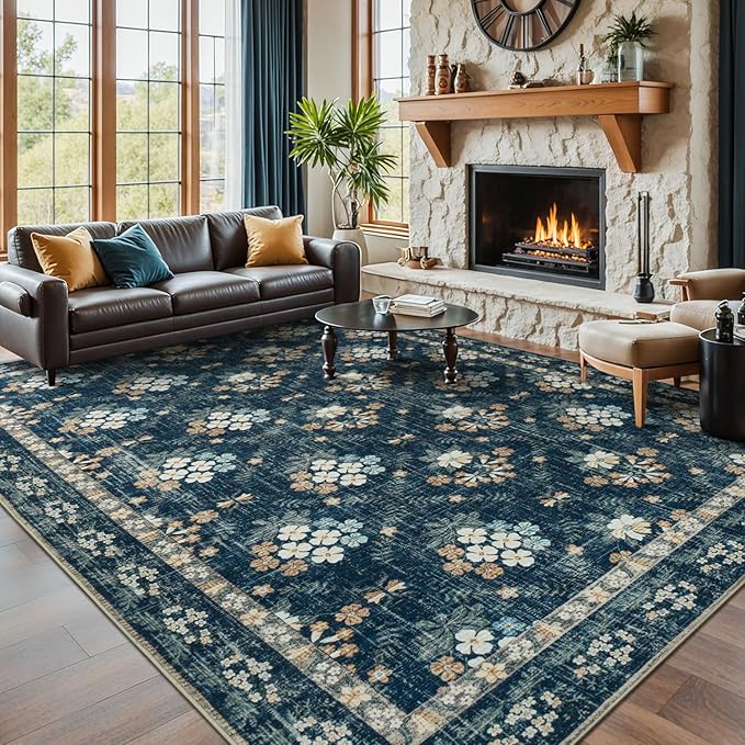 Lessymo Large Area Rugs 9x12 for Living Room, Soft Washable Rug for Bedroom Dining Room Nursery Room Farmhouse, Boho Non Slip Low Plie Carpet Vintage Floral Design, Navy/Beige