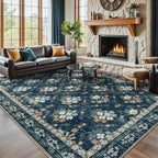 Lessymo Large Area Rugs 9x12 for Living Room, Soft Washable Rug for Bedroom Dining Room Nursery Room Farmhouse, Boho Non Slip Low Plie Carpet Vintage Floral Design, Navy/Beige