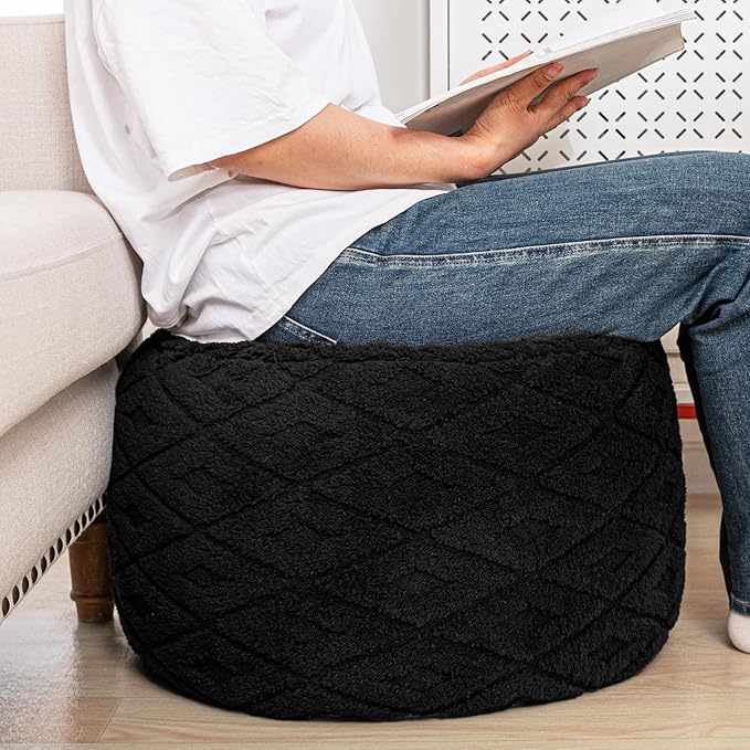Fluffy Round Ottoman Pouf with All-in-One Foam Filling 20" x 14" Furry Ottoman Foot Rest Foot Stool for Living Room or Bedroom (Black)