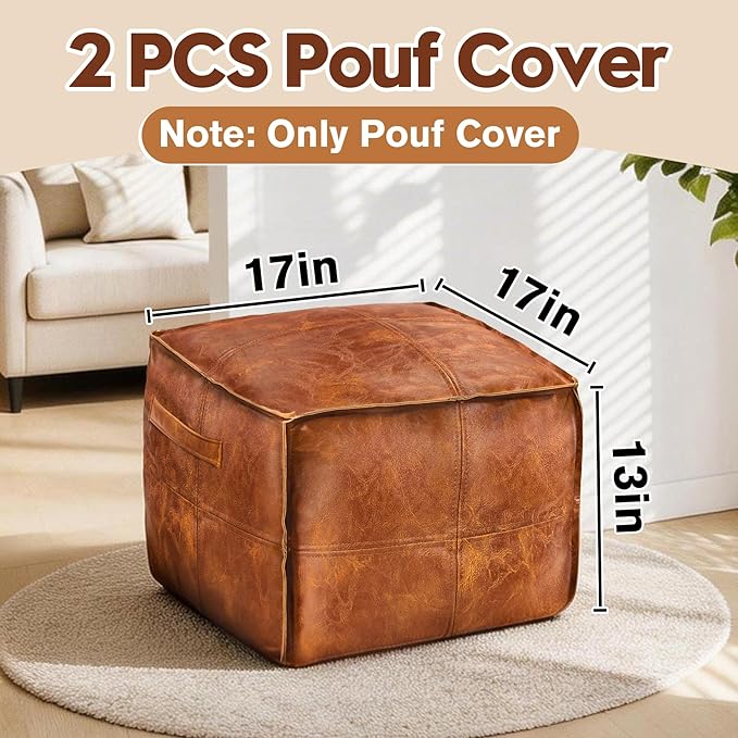 2PCS 17 * 17 * 13in Unstuffed Ottoman Pouf Cover DIY Fillable Faux Leather Storage Floor Pouf Square Unstuffed Ottoman Foot Rest Footstool with Handle for Living Room Bedroom Home Storage