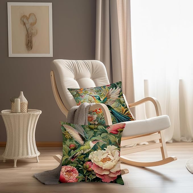 Vintage William Morris Floral Hummingbird Pillow Cover 18x18 Set of 4,Rustic Green Hummingbird Bird Animal Flower Botanical Print Decorative Throw Pillow Covers for Home Bedroom Living Room