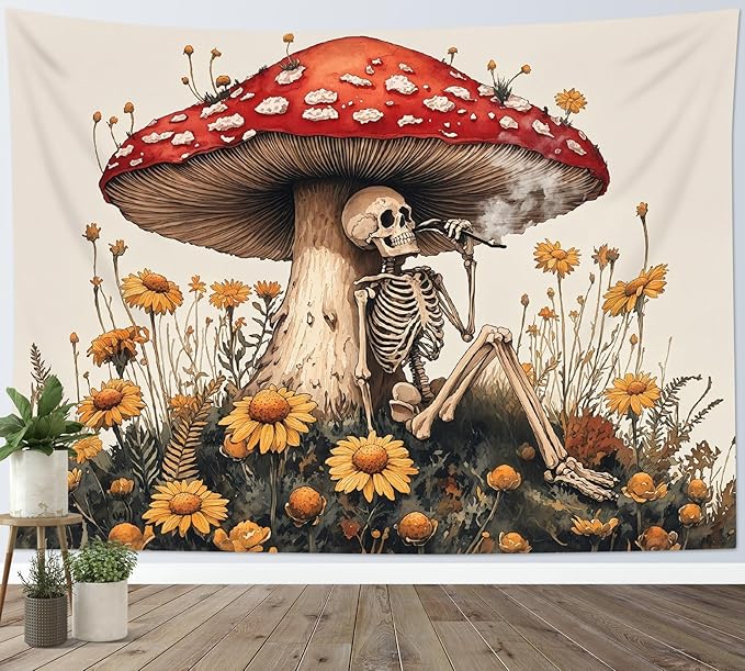 LB Gothic Skeleton Tapestry Vintage Mushroom Orange Flower Wall Tapestry Aesthetic Wall Decor Tapestries for Bedroom Living Room College Dorm,59Wx51H inches